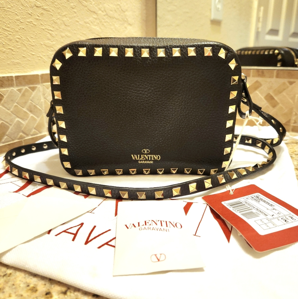 Valentino Rockstud Crossbody Camera Bag in Black and Gold Tone Hardware
